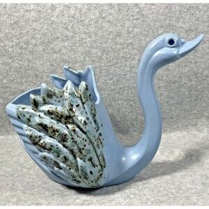 Vintage MCM Swan Planter 1974 Blue Speckled Glaze Ceramic Handmade Vanity Decor